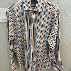 Thomas Dean Blue and Orange Casual Button Down Shirt